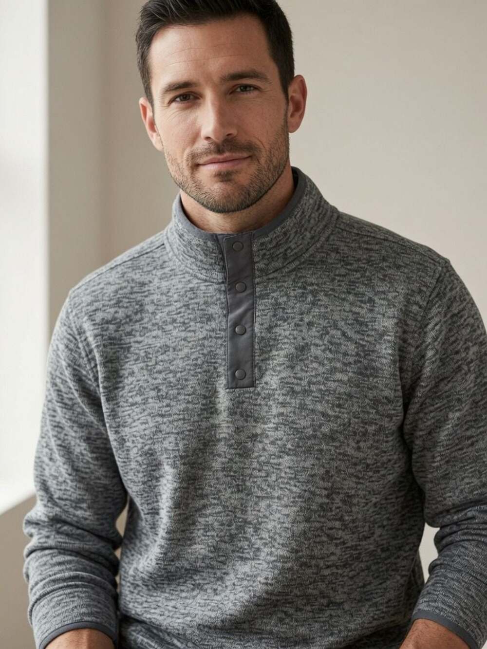 Lands' End Men's Sweater Fleece Snap Neck Pullover Jacket